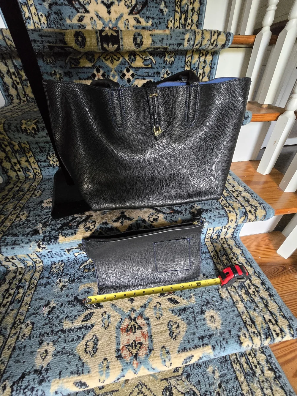 Women's Black (PVC That Feels Like Leather) Tote Bag with Blue Interior